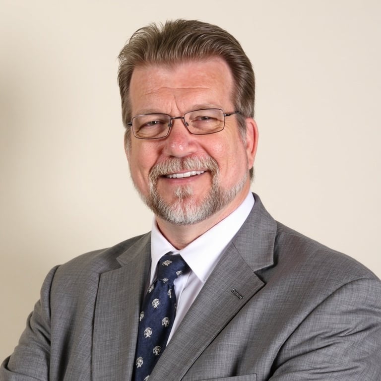 Middle-aged man with gray hair and glasses wearing a dark blue blazer over black shirt, smiling at camera with warm studio lighting background